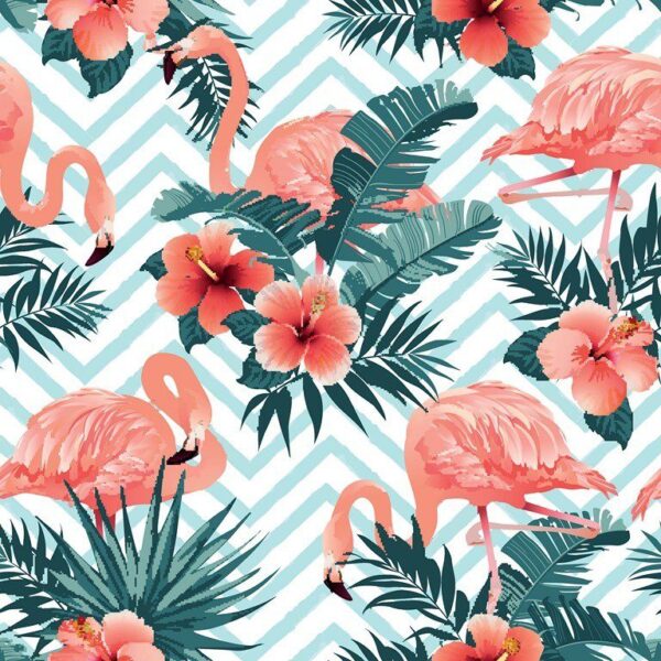 Peinture murale Flamants Roses et Fleurs
