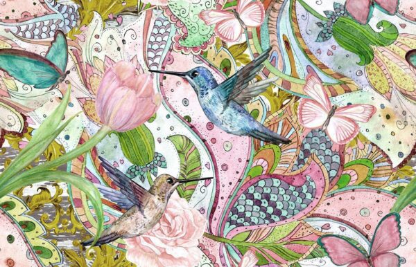 Peinture murale Plantes et colibris
