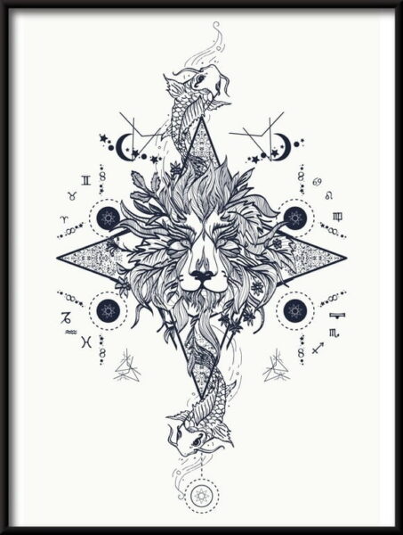 Affiche mystique de lion et de carpe, symboles astrologiques médiévaux
