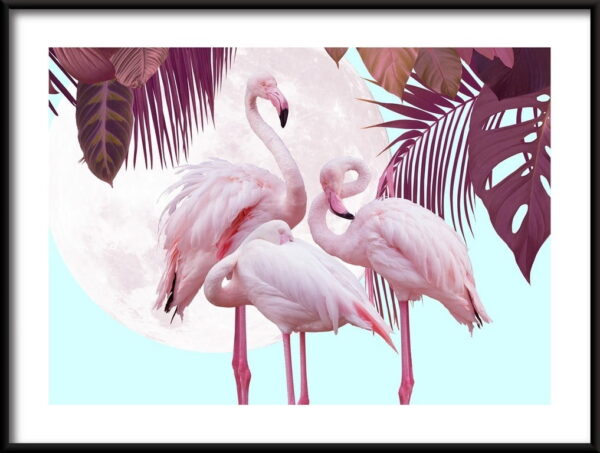 Flamants roses sur le fond de l'affiche de la lune – Image 2