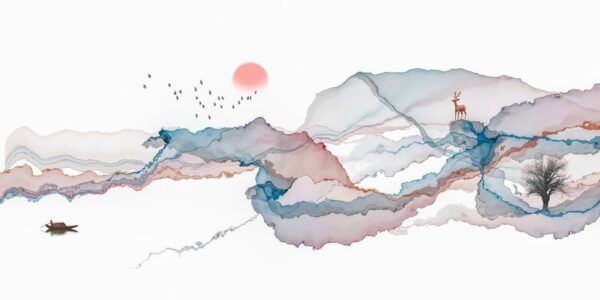 Peinture murale Encre avec Montagnes