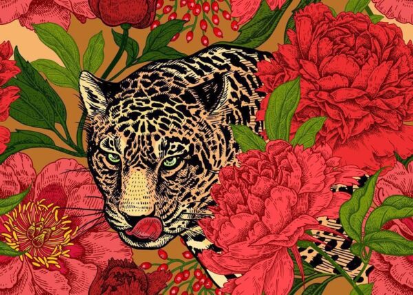 Peinture murale Jaguar et Fleurs