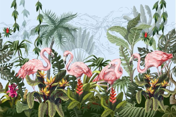 Peinture murale Flamants roses dans la jungle
