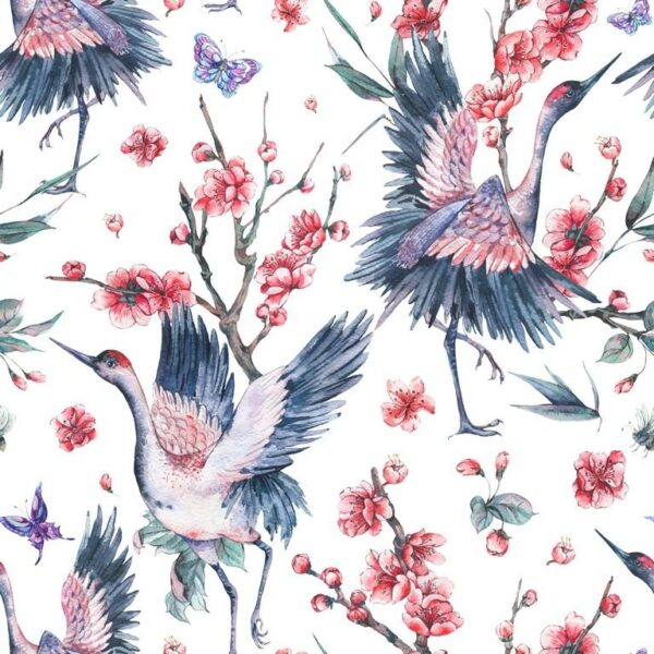 Peinture murale Oiseaux et Fleurs Roses