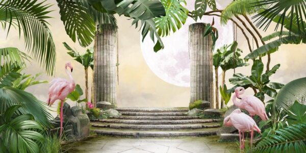 Peinture murale Lune avec des palmiers tropicaux