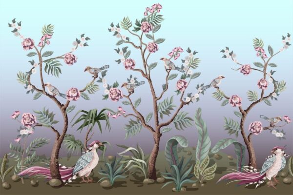 Peinture murale Illustrations d'Oiseaux et de Pivoines