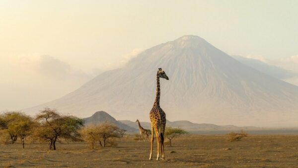 Peinture murale Girafe sur fond de montagnes