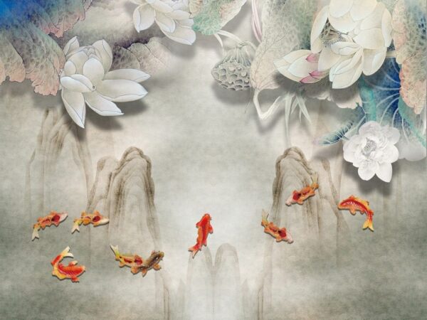 Peinture murale Fleurs et Poissons