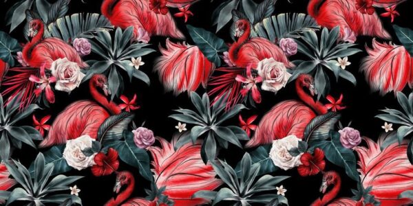 Peinture murale Motif floral tropical avec flamant rose