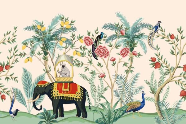 Peinture murale Palmiers indiens et éléphant