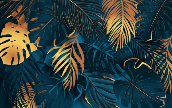 Sticker mural Feuilles dorées et bleu profond