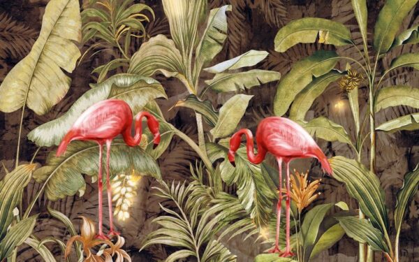 Peinture murale Flamants Roses et Jungle
