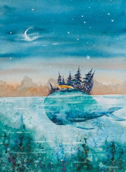 Peinture murale Baleine et renard