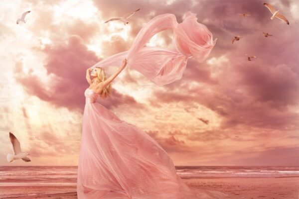 Peinture murale Femme en robe rose