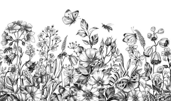 Peinture murale Fleurs sauvages et papillons