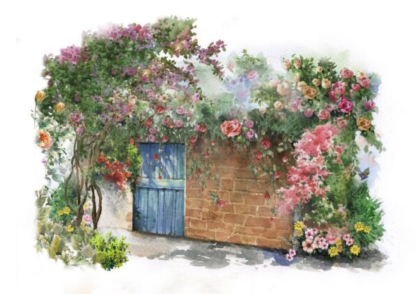 Peinture murale Fleurs et portes bleues