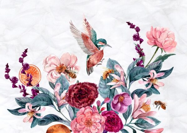 Peinture murale Fleurs et Colibri