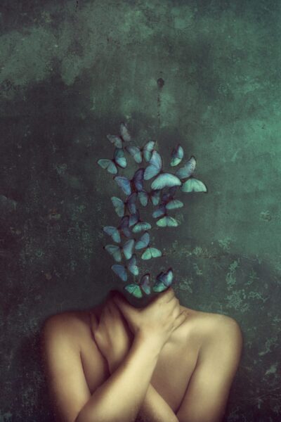 Une image d'une femme et de fleurs bleues – Image 2