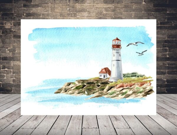 Une image d'un phare et de mouettes