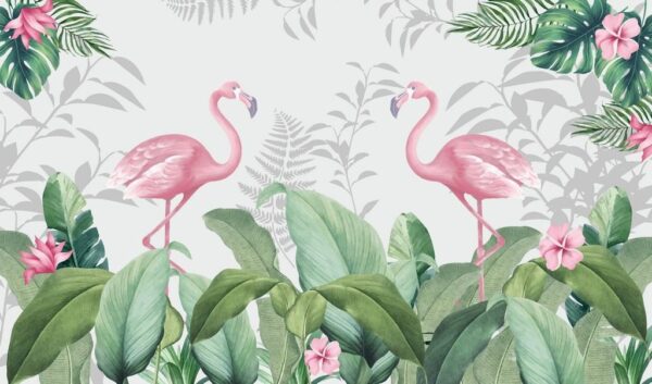 Peinture murale Deux flamants roses parmi les feuilles