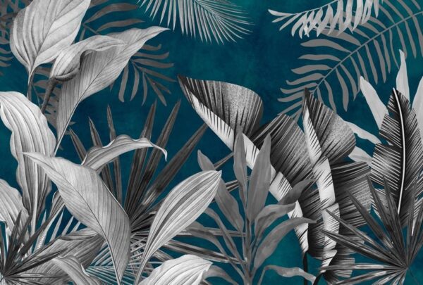 Peinture murale Feuilles tropicales sur fond bleu