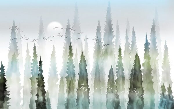 Peinture murale Forêt brumeuse avec de grands arbres