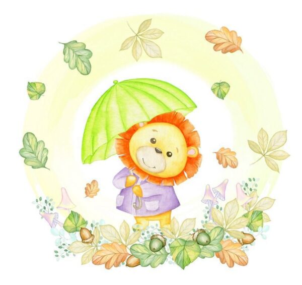 Peinture murale Petit Lion avec un Parapluie Vert