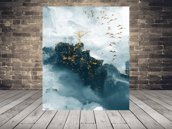 Image de montagnes et d'oiseaux d'or