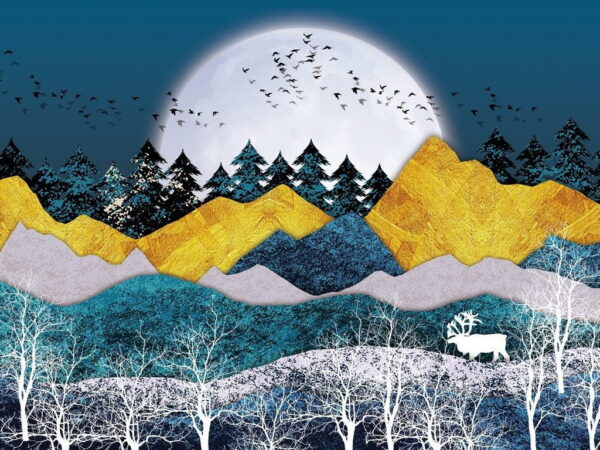 Peinture murale La lune et les montagnes dorées