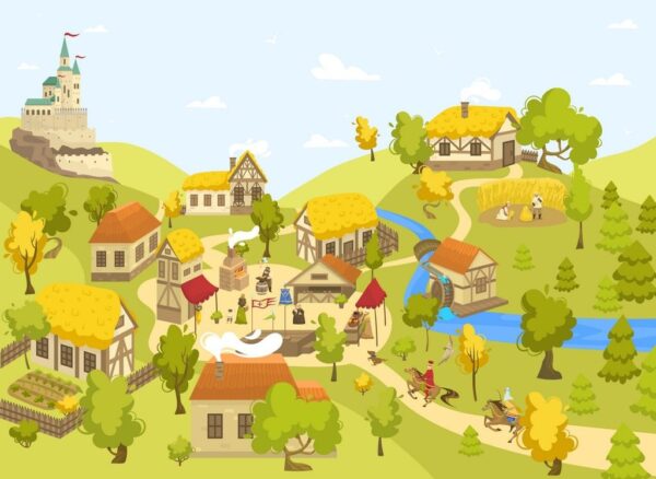 Peinture murale Village pittoresque avec un château