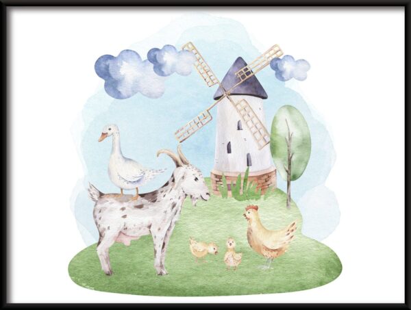 Affiche Bébés animaux sous le moulin à vent