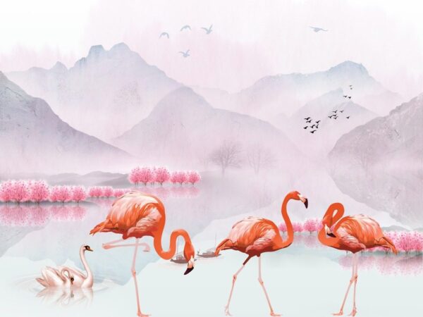 Peinture murale Trois flamants roses