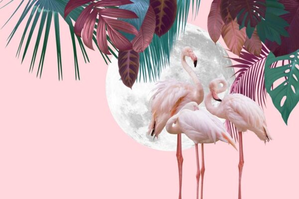 Peinture murale Lune et flamants roses