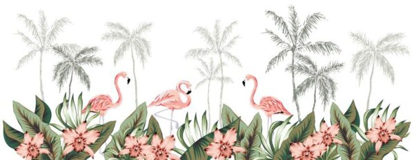 Peinture murale Flamants Roses et Fleurs
