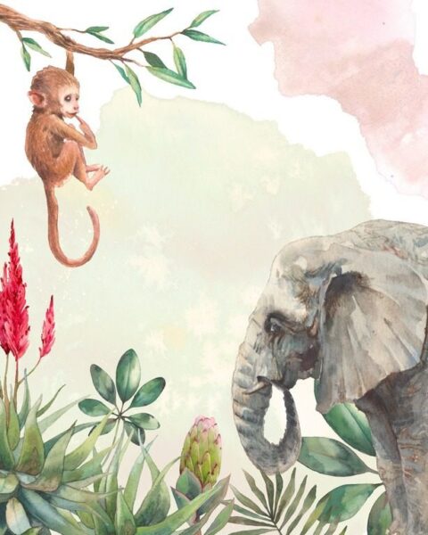 Peinture murale Éléphant et singe