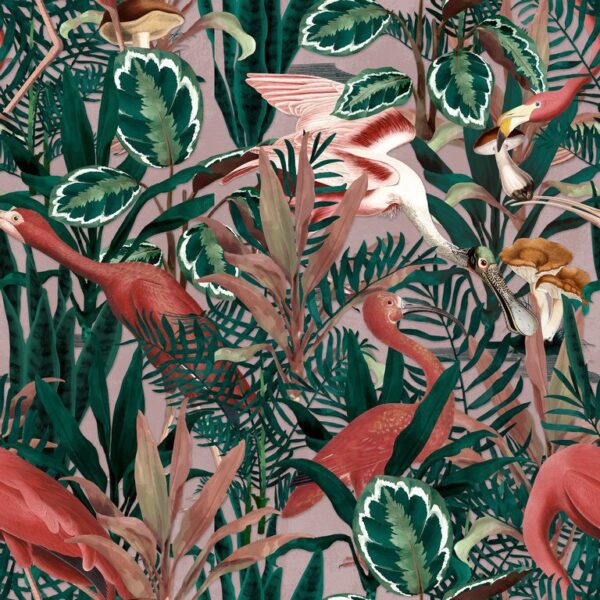 Peinture murale Flamants Roses et Feuilles