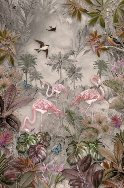 Peinture murale Flamants roses parmi les feuilles