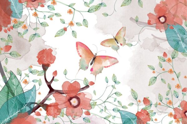 Peinture murale Papillon et Fleurs
