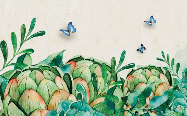 Peinture murale Papillons et Plantes