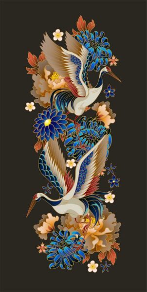 Peinture murale Fleurs et grues