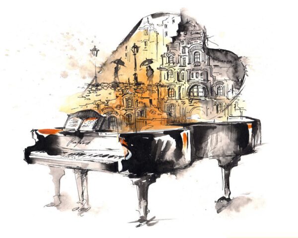 Peinture murale Ville et Piano