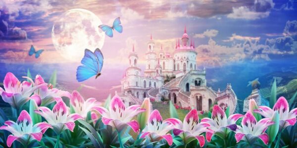 Peinture murale Papillons et Lys