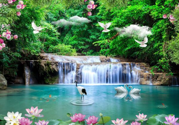 Peinture murale Oiseaux et cascade