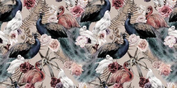 Papier Peint Oiseaux Colorés Parmi Des Fleurs Roses