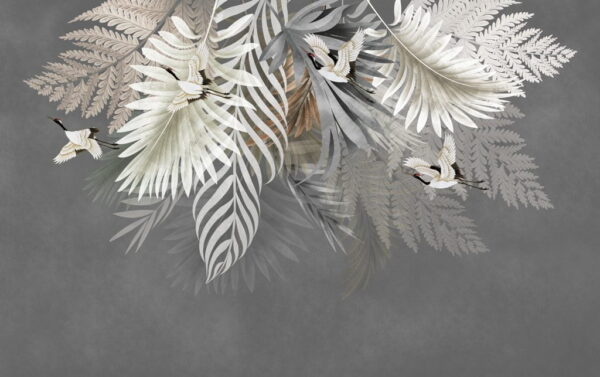 Papier Peint Oiseaux Blancs dans des Feuilles de Palmier