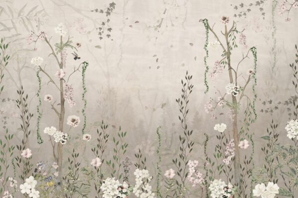 Papier Peint Tiny Bright Flowers and Green Leaves