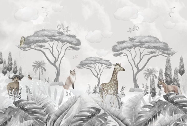 Papier Peint Animaux Sauvages En Gris Pour Enfants