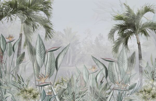 Papier Peint Fleurs Exotiques Et Palmiers Dans Le Brouillard