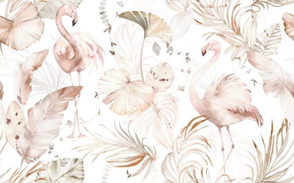 Papier Peint Flamants Roses dans des Feuilles Roses