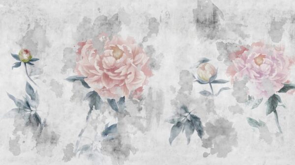 Papier Peint Fleurs De Pivoines Roses Sur Fond Gris